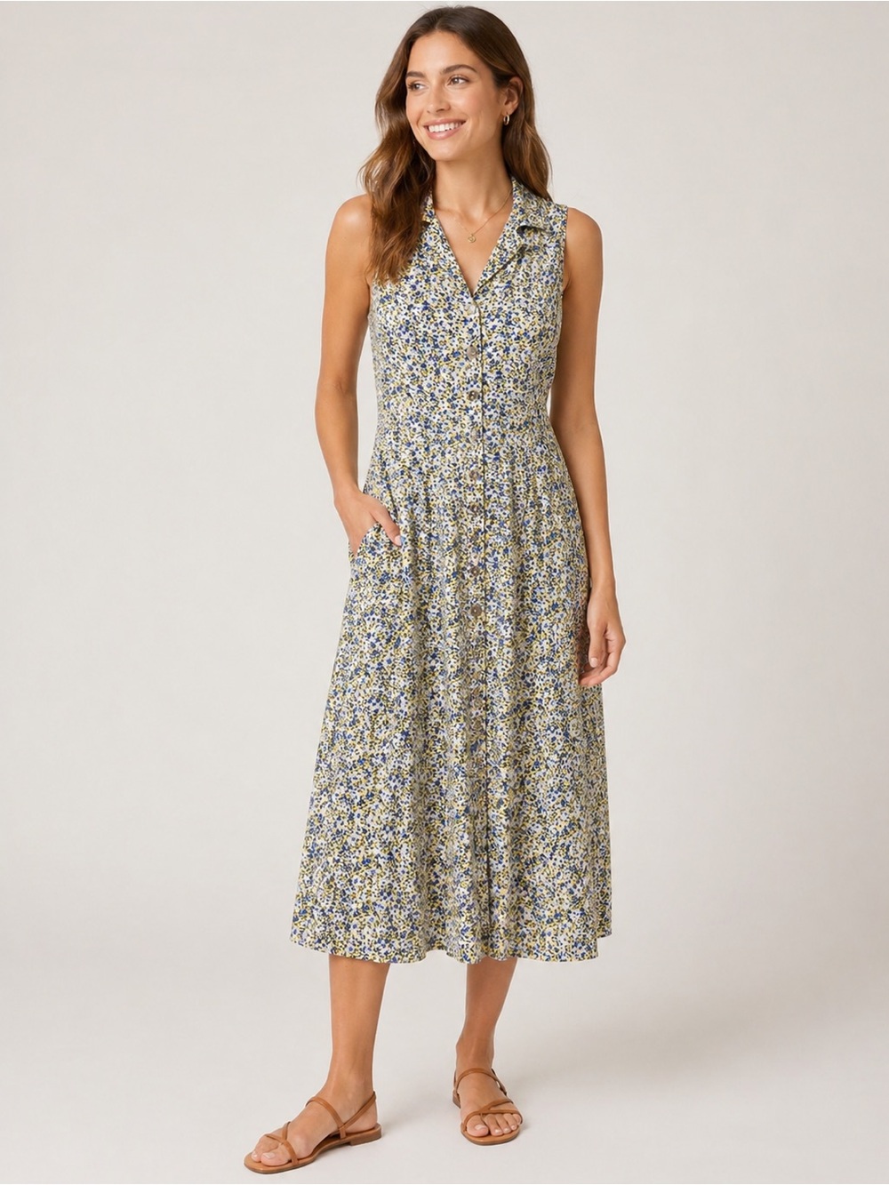 Y2K Lisa Jo Ditsy Blue Floral Midi Dress Soft Feminine Cottagecore Size XS